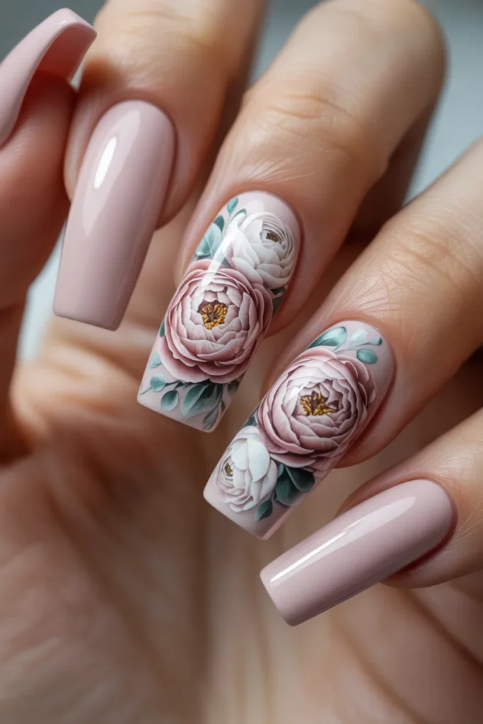 15. Floral Nail Art — Pink Peony Accent
