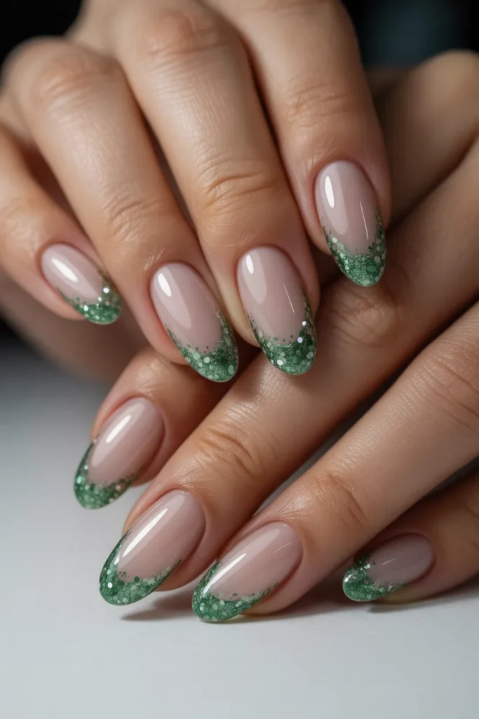15. Green Glitter Gradient French Tips on Almond Nails