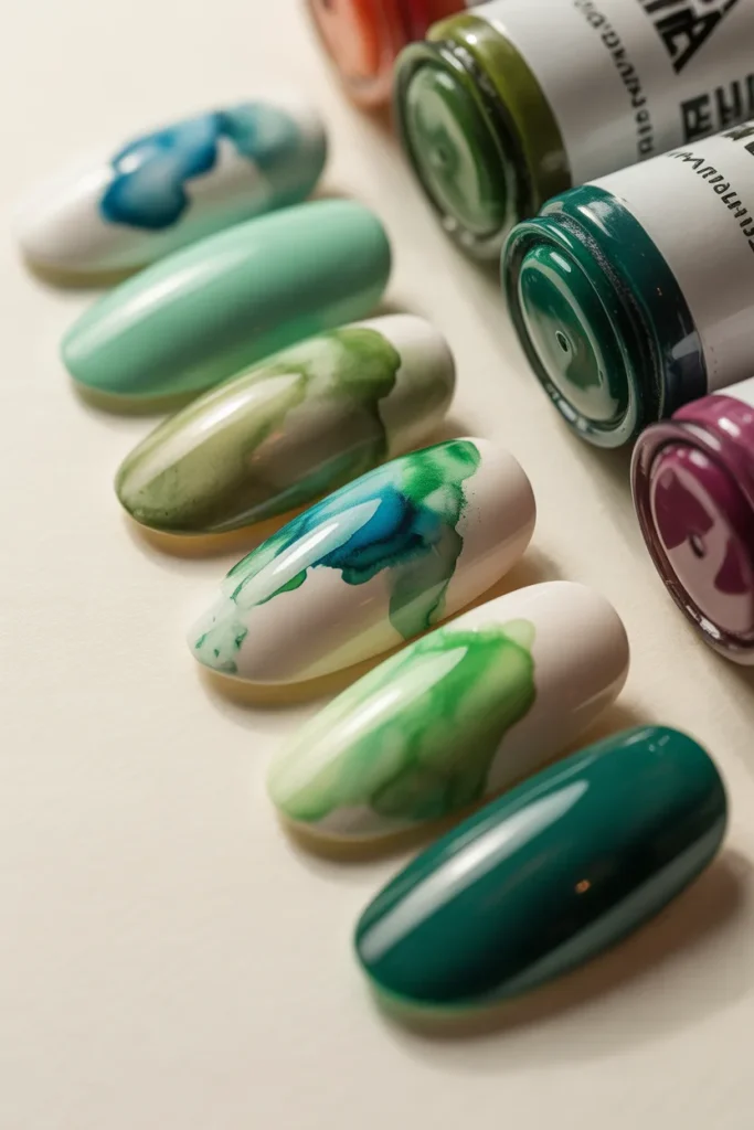 15. Green Watercolor Abstract Nails