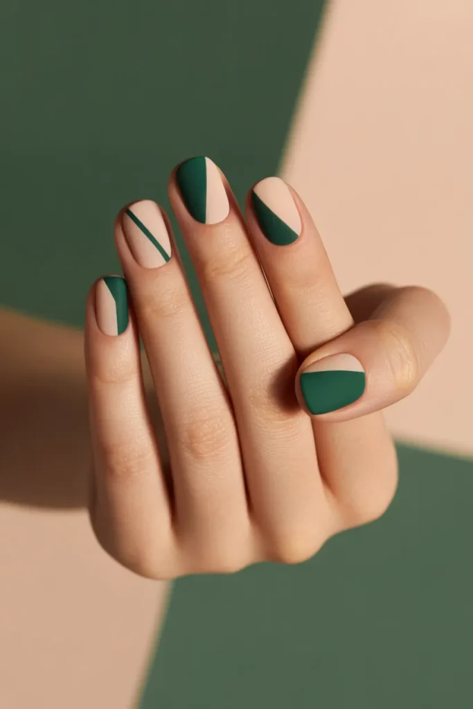 15. Hunter Green and Nude Colorblock Nails