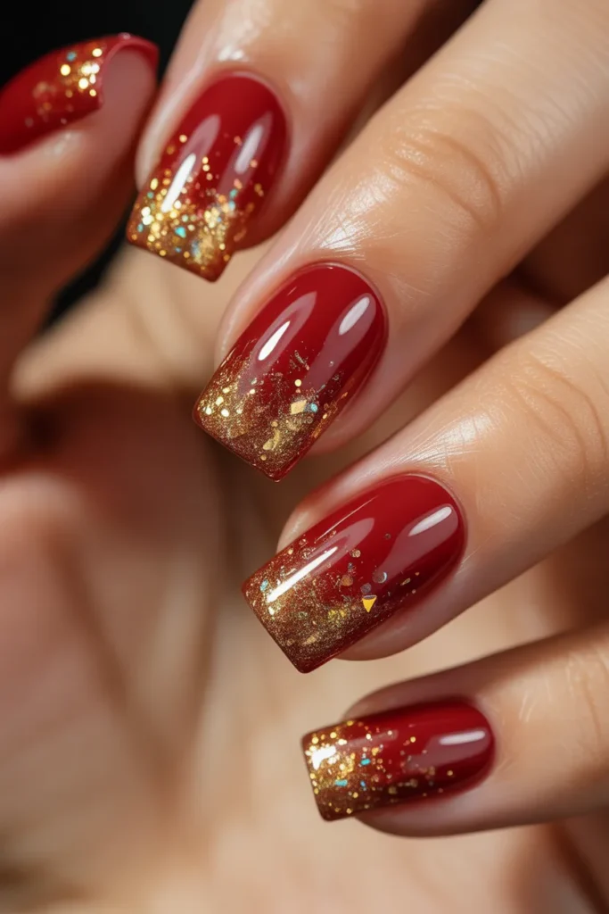 15. Red Square Nails with Glitter Gradient