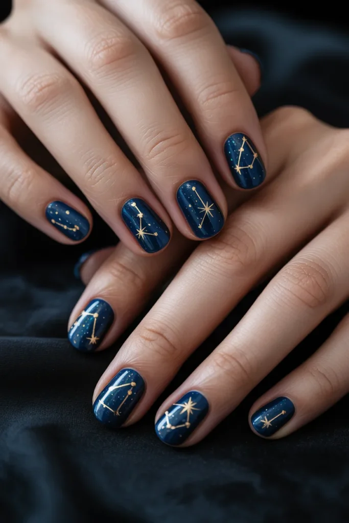 Deep navy nails adorned with tiny gold stars and constellations, featuring subtle glitter shimmer in realistic high-quality celestial nail art.