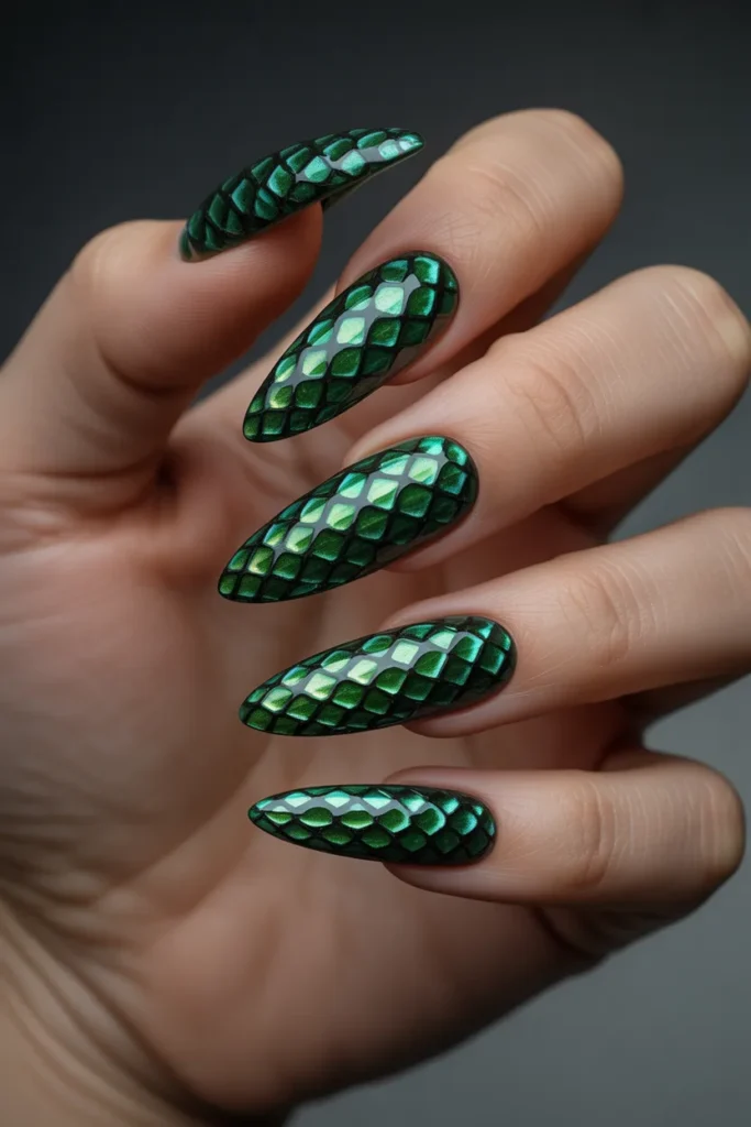 15. Stiletto Green Gel Nails with Snake Scale Texture