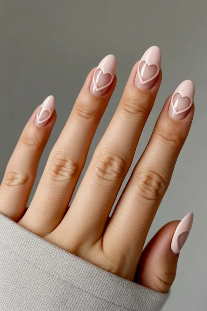 Medium oval nails with nude pink base and clear negative space heart cutouts, minimalist contemporary manicure, clean professional finish, sophisticated Valentine’s nail design.