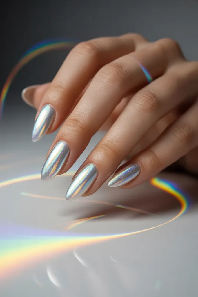 16. Chrome Almond Nails — Holographic Silver