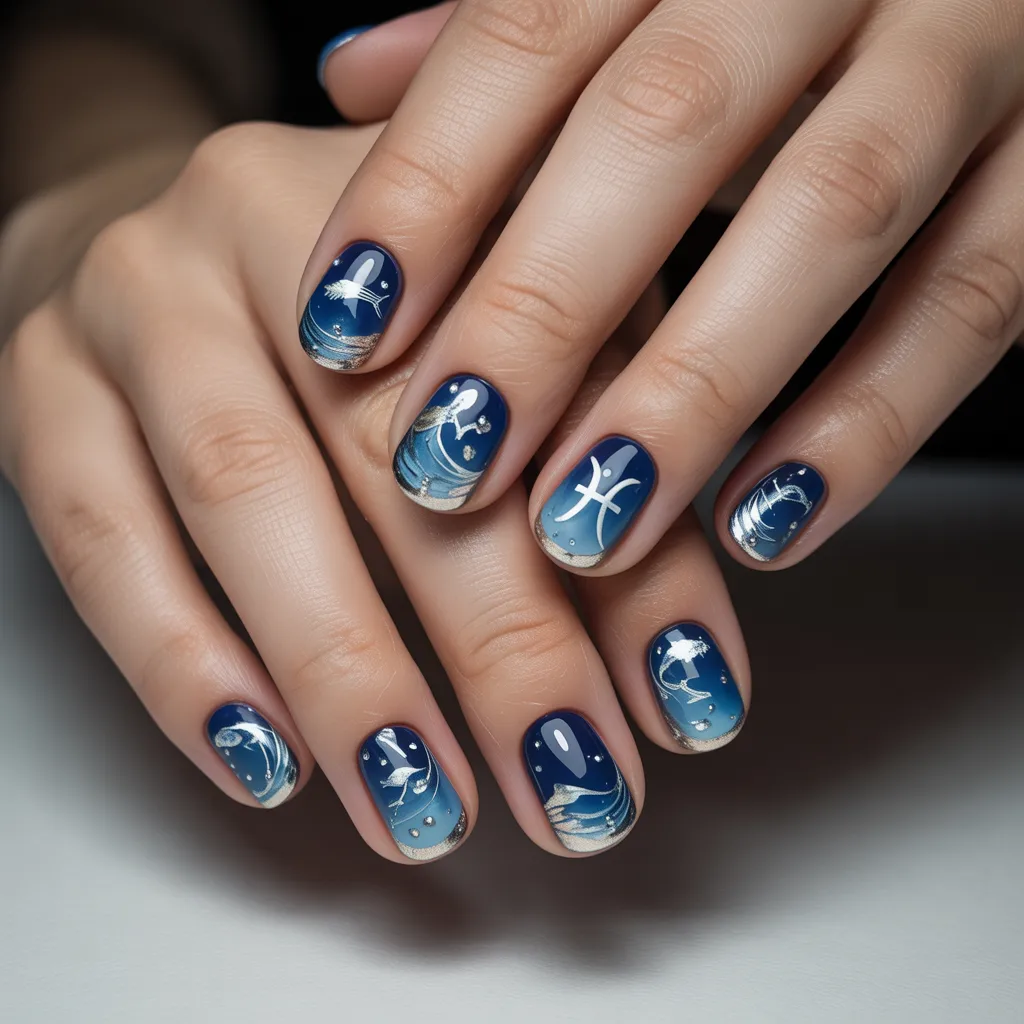 Pisces-themed nails featuring metallic silver and blue foil accents, showcasing realistic high-quality zodiac-inspired nail art.