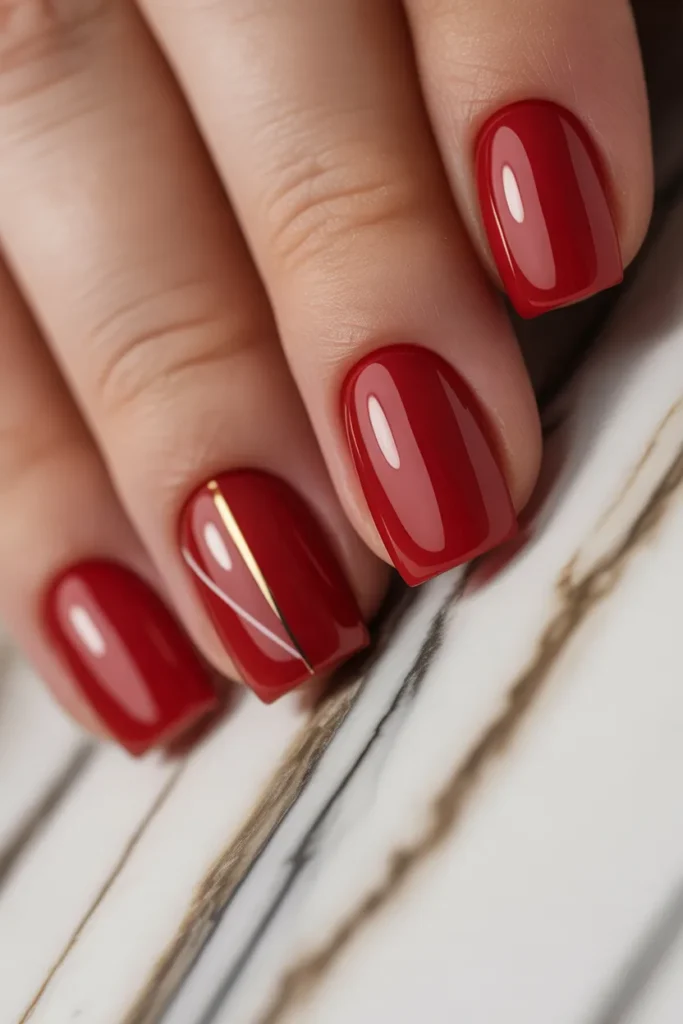 16. Minimalist Red Square Nails with Single Line Art