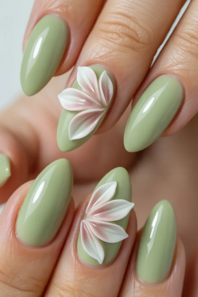 16. Soft Green Floral Gel Nails with 3D Petals