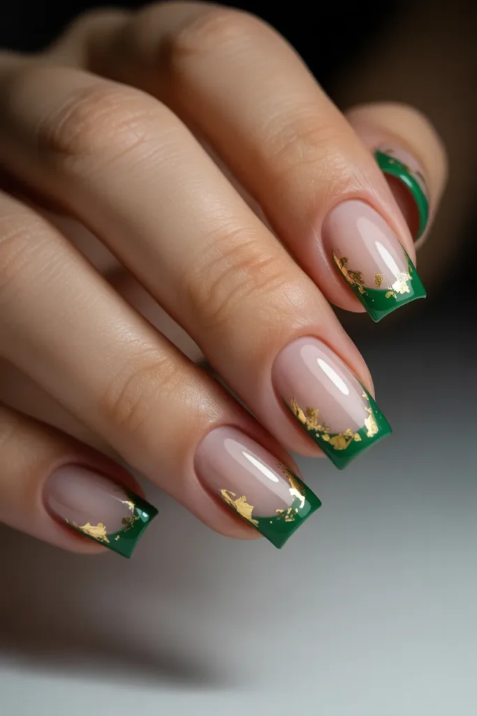 16. St. Patricks Day French Tips with Gold Foil Accents