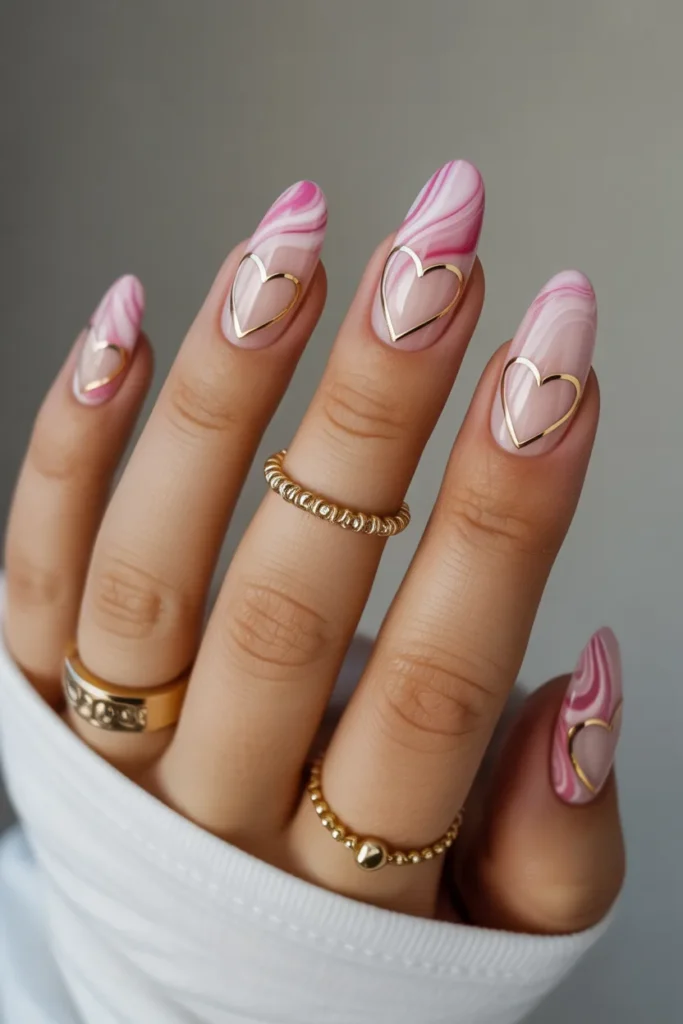 Medium almond nails with pink and white marble swirls, adorned with gold outline hearts, luxurious stone-like texture, sophisticated artistic Valentine’s nail design in high-end salon quality.