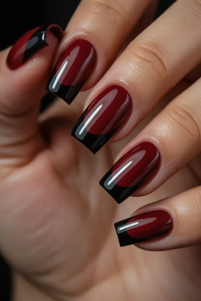 17. Dark Red Nails with Black Tips