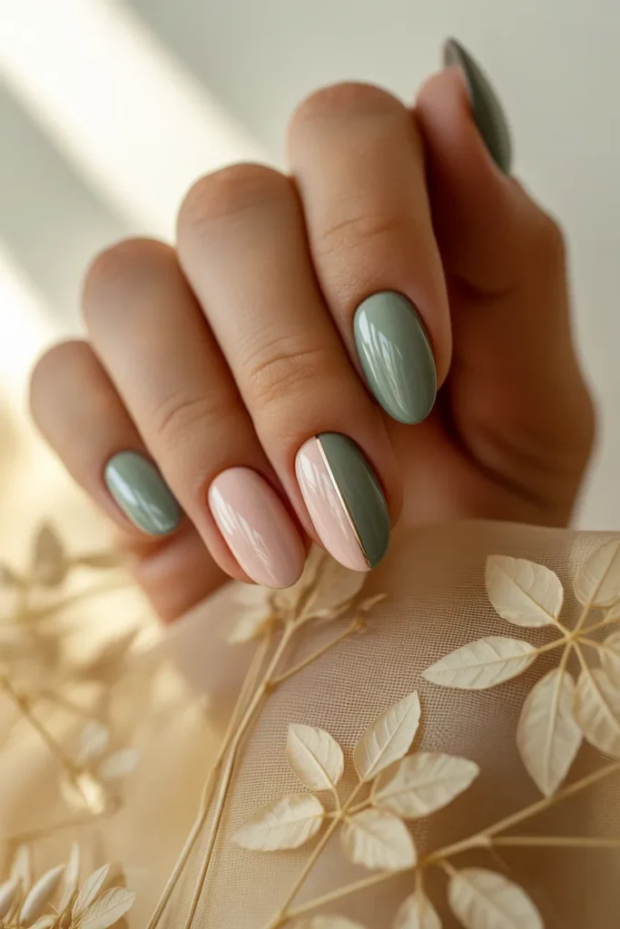 17. Green and Pink Botanical Colorblock Almond Nails