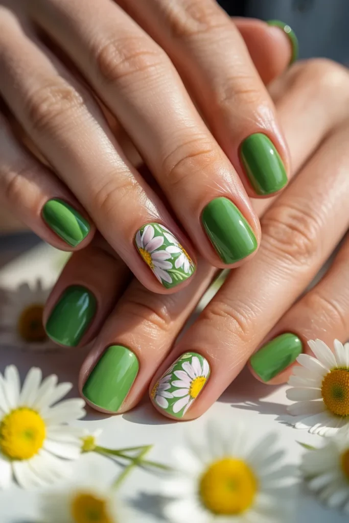 17. Green and White Daisy Nail Art