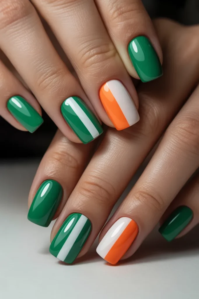 17. Irish Flag Themed Acrylic Nails