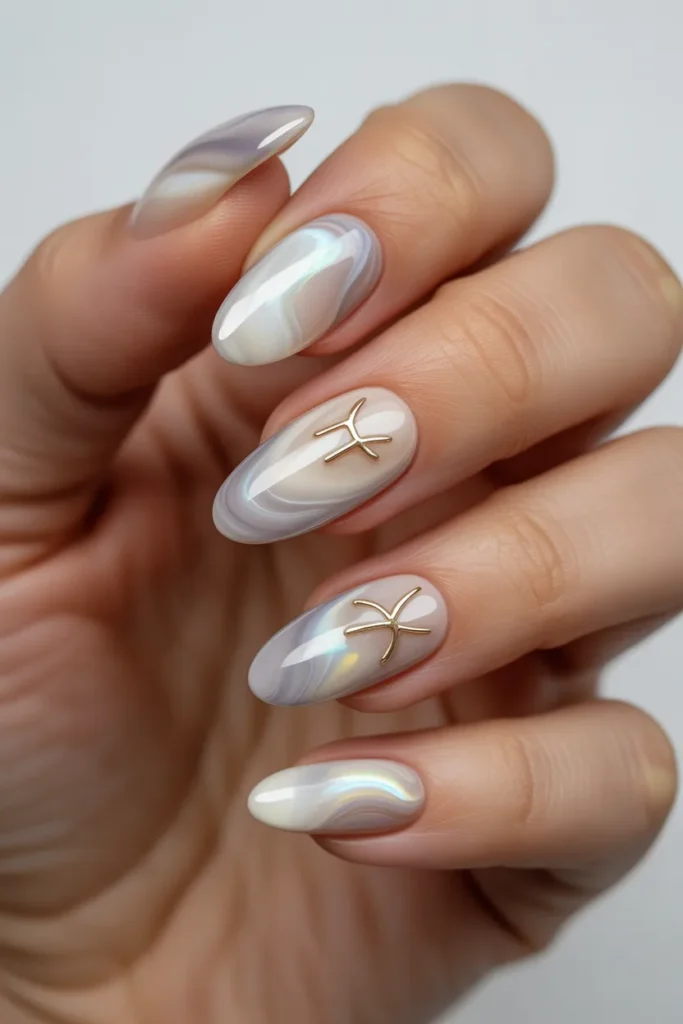 Moonstone-inspired nails with soft white, gray, and lavender swirls, subtle shimmer, and Pisces zodiac accents, creating high-quality realistic nail art.