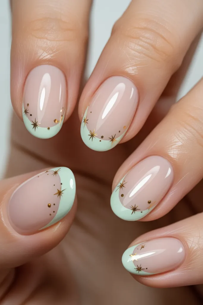 17. Pastel Green French Tips with Glitter Stars