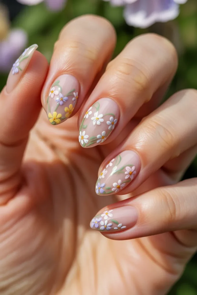 Medium round nails with delicate hand-painted flowers arranged in heart shapes, soft pastel colors, botanical romantic Valentine’s nail design, photographed in natural light with spring garden aesthetic.