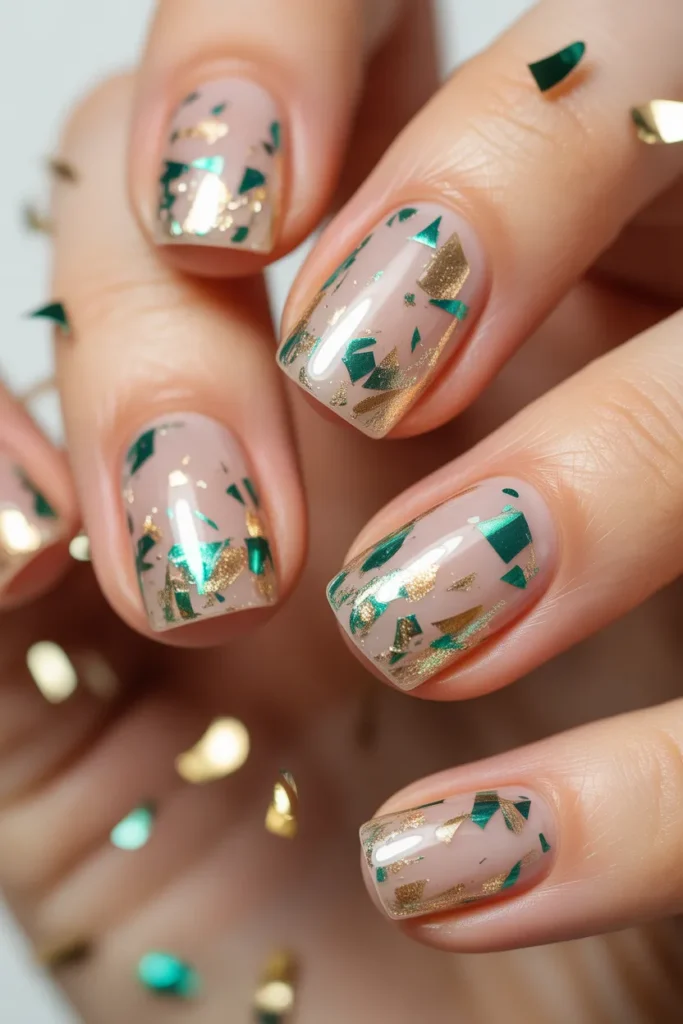 18 Green Gold Foil Confetti Nails