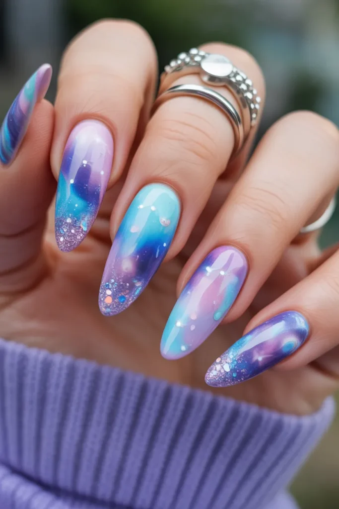 Mermaid-themed nails featuring cosmic galaxy patterns in pastel blues and purples with glitter accents, creating realistic high-quality nail art.