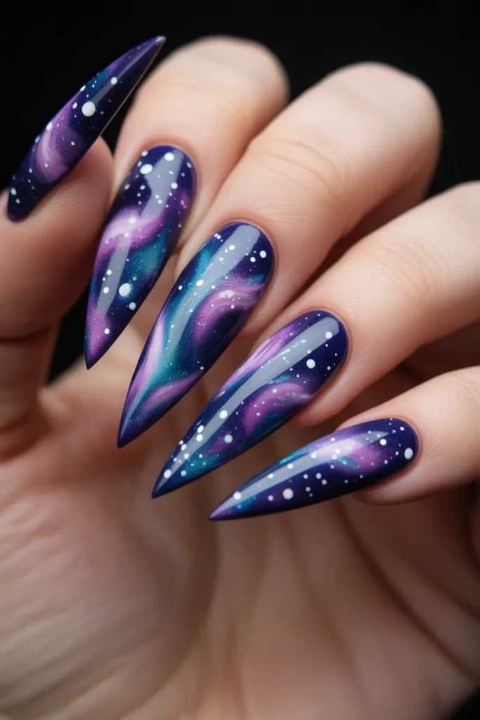 18. Galaxy Nail Art Stiletto Nails