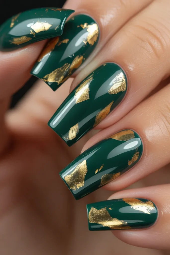 18. Gold Foil and Green Acrylic Nails