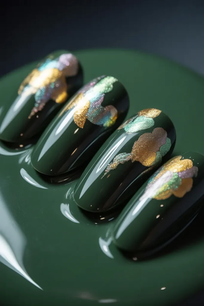 18. Green Gel Nails with Foil Galaxy Effect