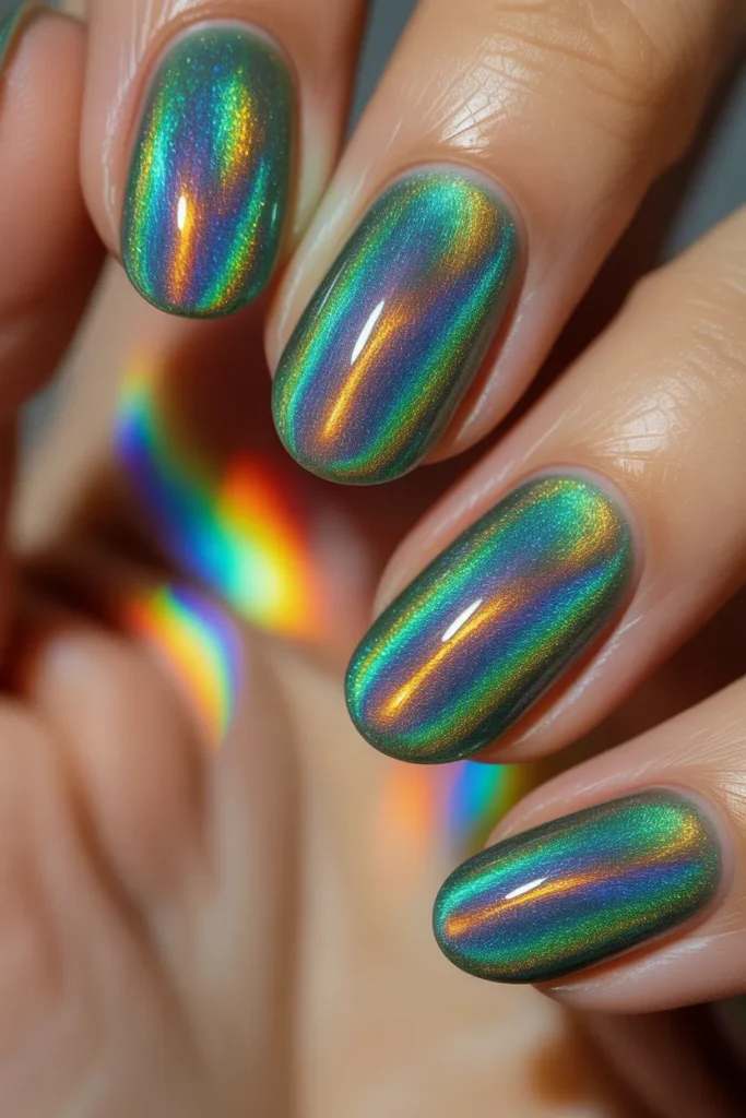 18. Holographic Green Nails
