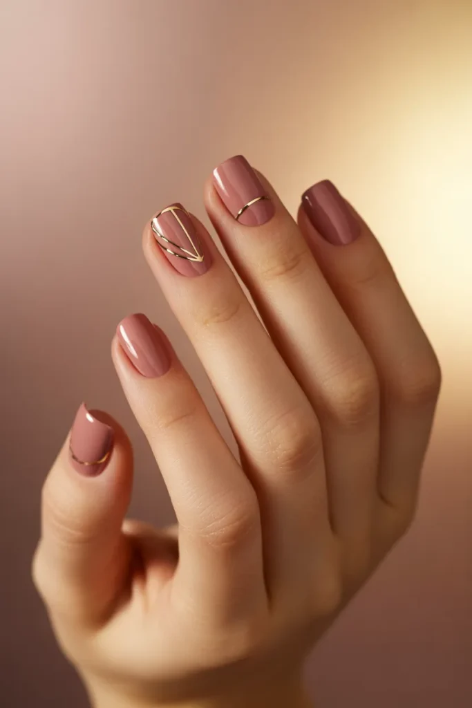 18. March Nails — Dusty Rose Matte with Gold