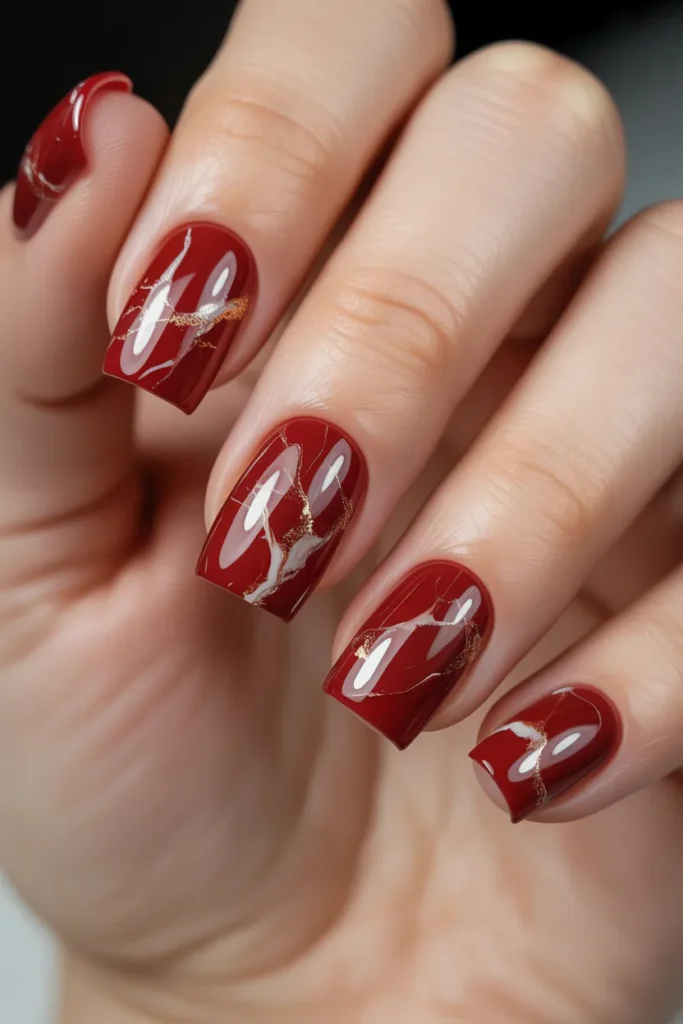 18. Red Square Nails with Marble Effect