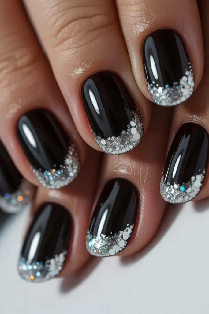 18. Short Black Nails with Glitter Tips for Prom