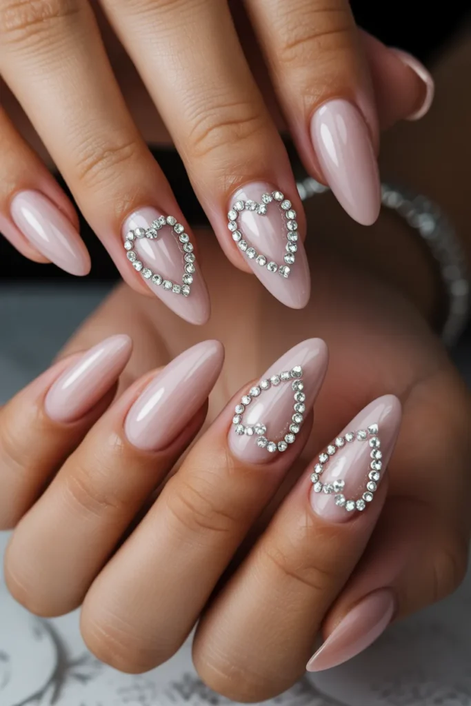 Medium almond nails with nude pink base, crystal rhinestones arranged in heart shapes, sparkling glamorous bridal Valentine’s nail design, high-end salon finish under professional lighting.