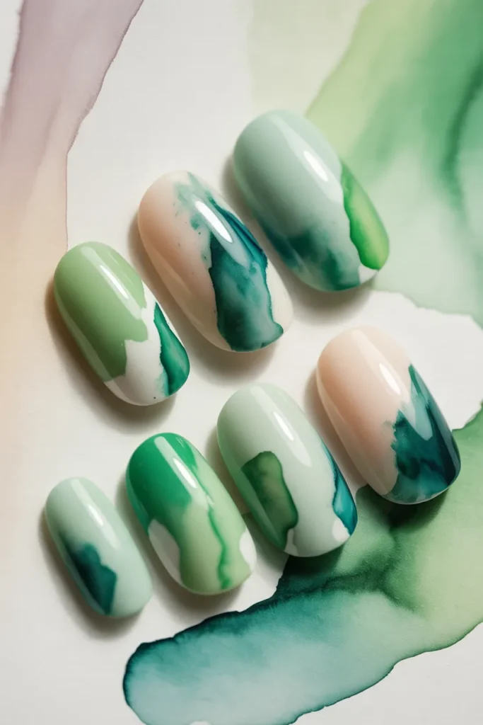 19 Watercolor Green Abstract Nails