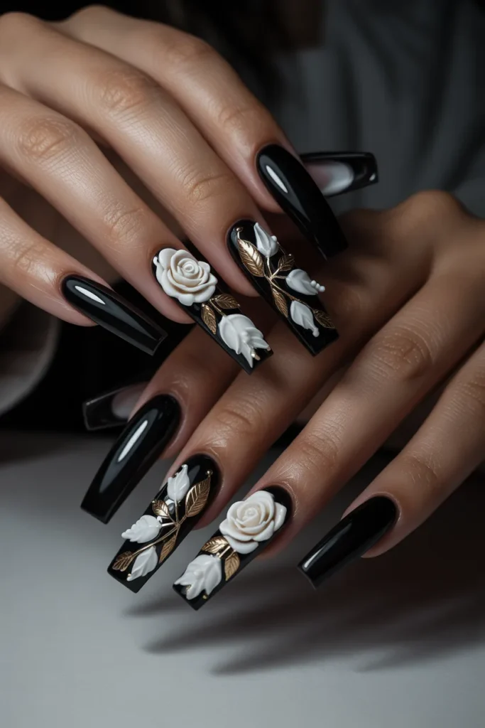 19. Black Nails with 3D Floral Embellishments