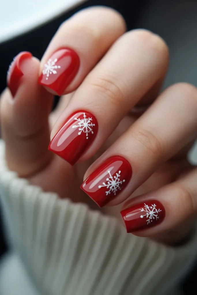 19. Festive Red Square Nails with Snowflakes