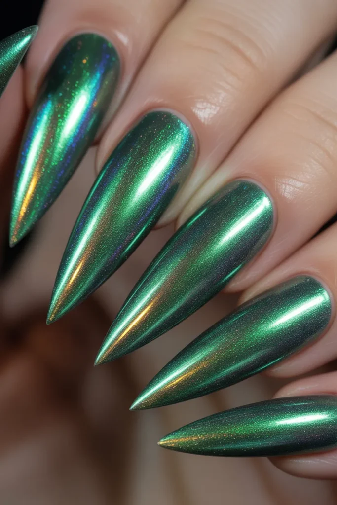 19. Green Chrome Holographic Nails