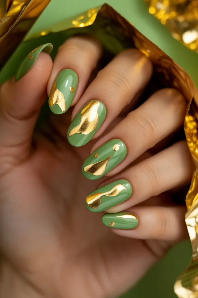 19. Green and Gold Foil Abstract Nails