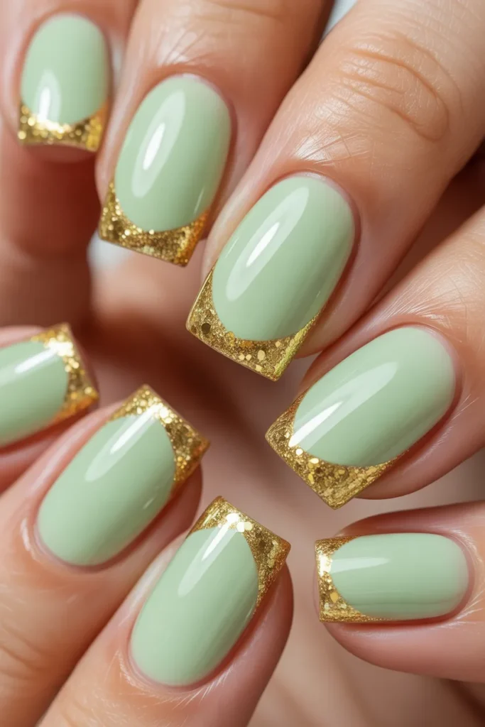 19. Mint Gel Nails with Gold Glitter Tips