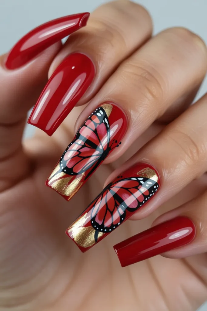 19. Red Nails with Butterfly Designs