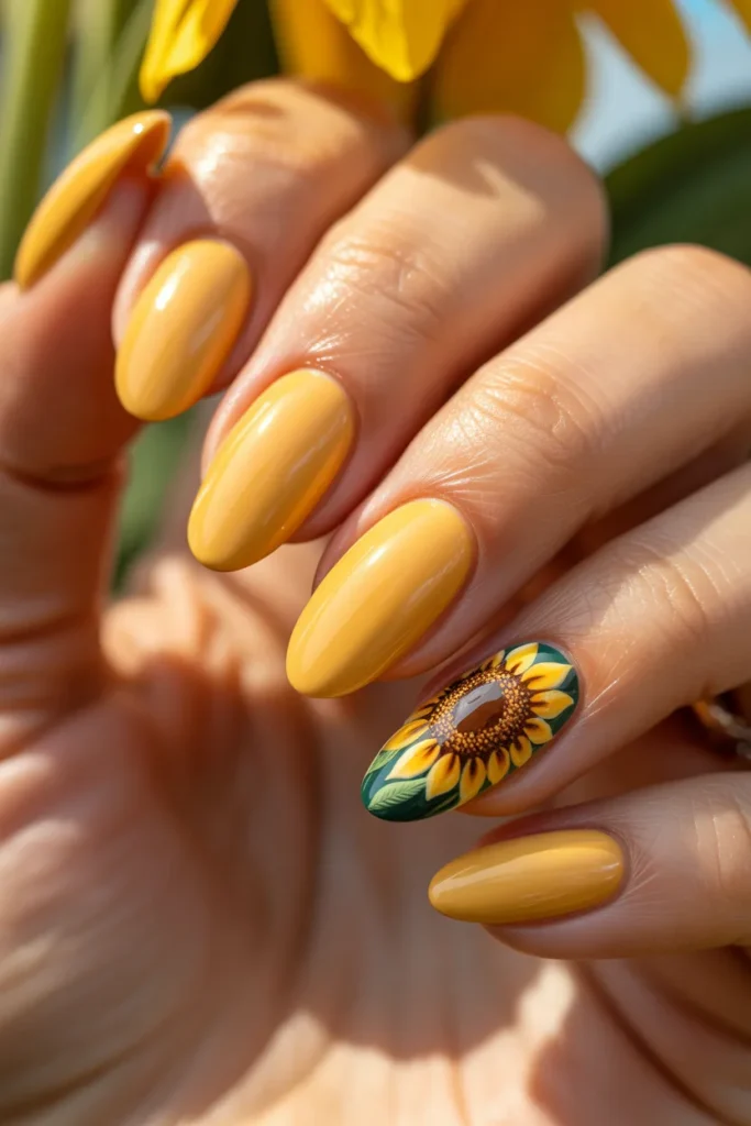 19. Sunflower Almond Nail Art