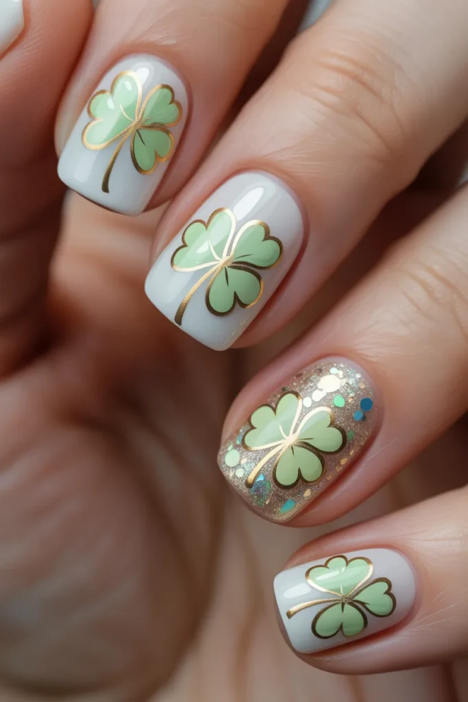 2 .Shamrock Nail Art with Gold Outlines