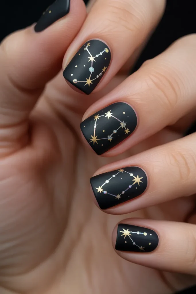 Close-up of Pisces constellation nail art on a black matte base, decorated with tiny gold stars and delicate shimmering lines forming a celestial zodiac pattern, creating an elegant cosmic manicure.