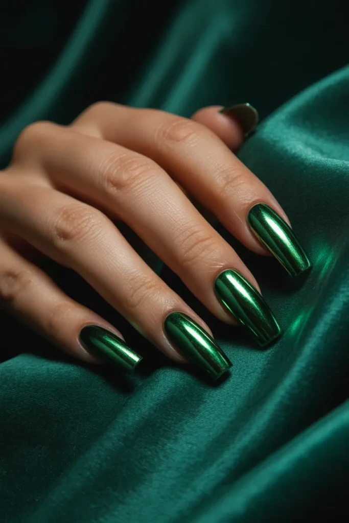 2. Emerald Green Chrome Nails