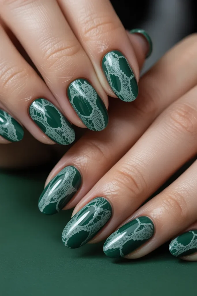 2. Green Gel Nails with White Lace Overlay