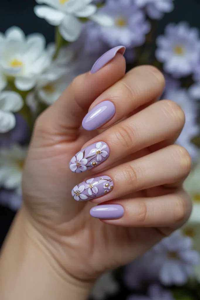2. Lavender Floral Almond Nails