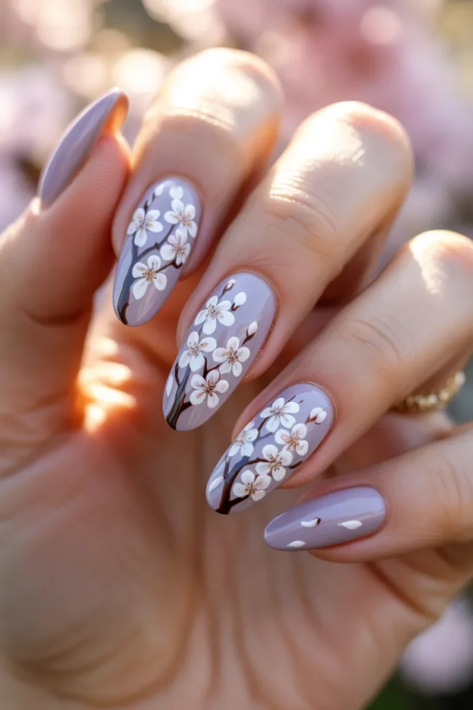 2. Lavender and White Cherry Blossom Nails