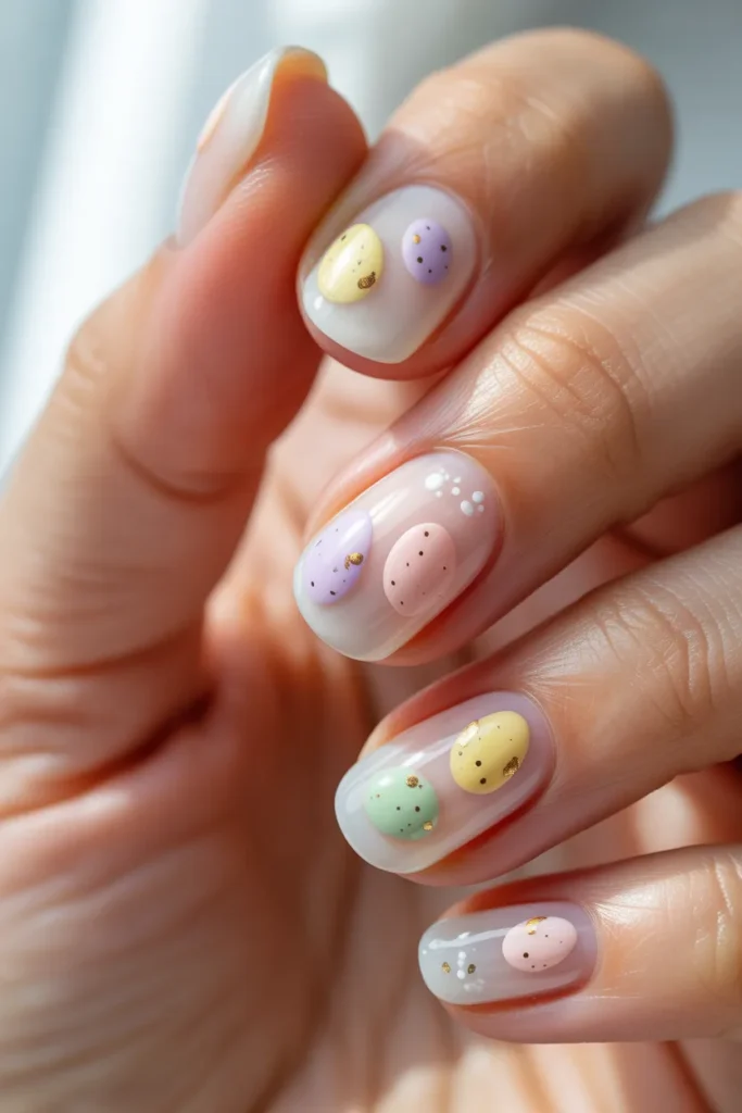 2. Milky White Nails With Tiny Easter Eggs