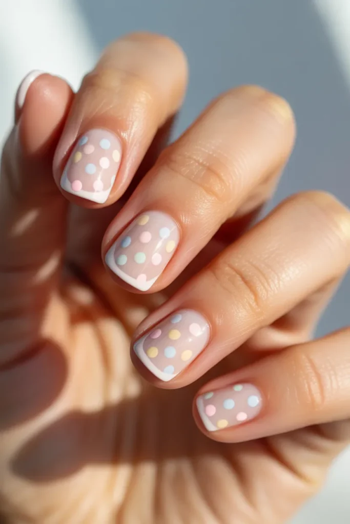 2. Nude French Tip With Soft Pastel Dots