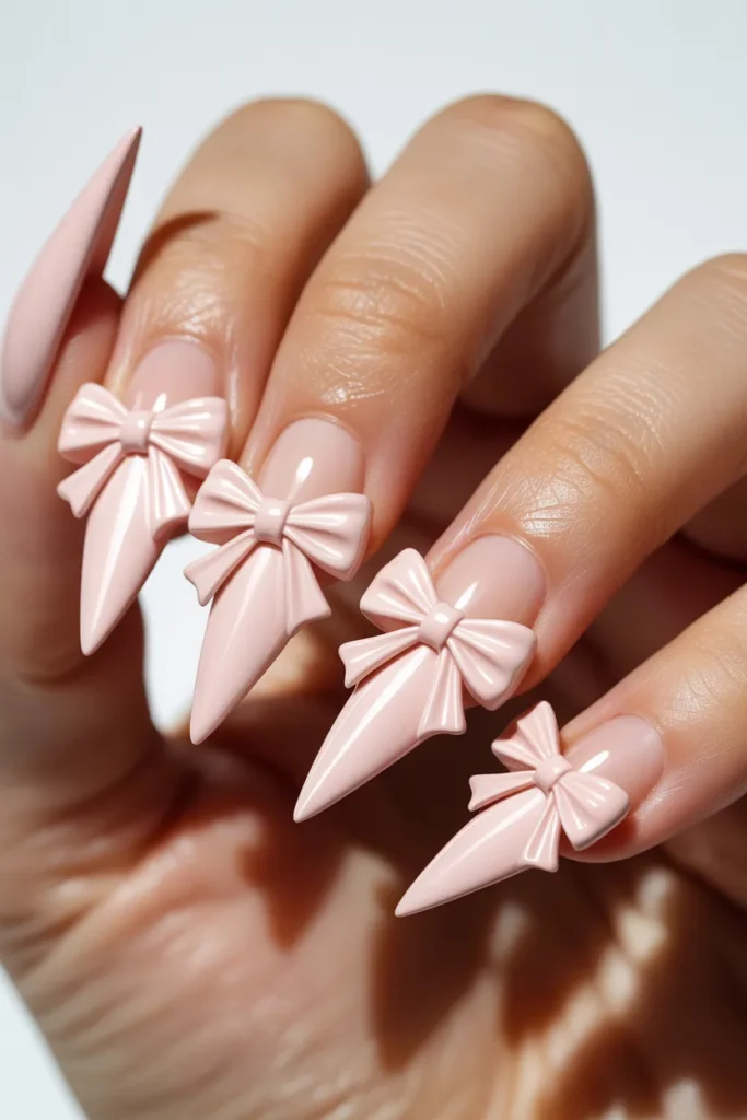 20. 3D Bow Stiletto Nails