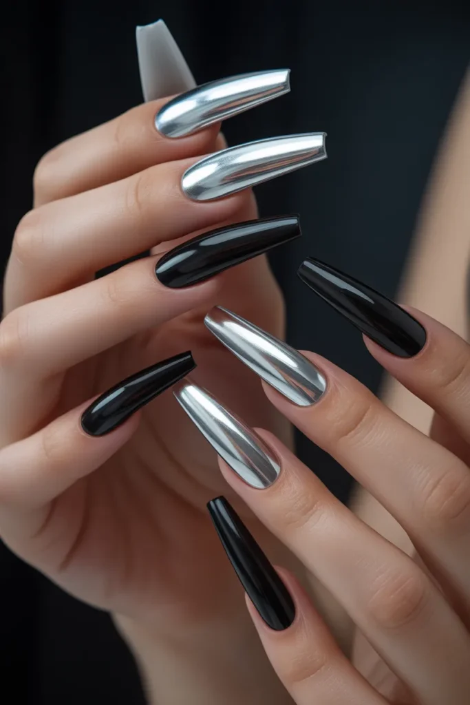20. Black and Silver Chrome Coffin Nails