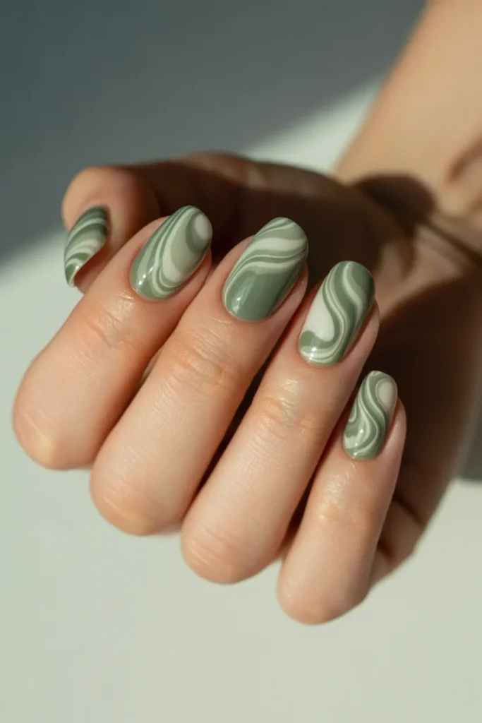 20. Early Spring Nails Gel Short — Sage and White Swirl